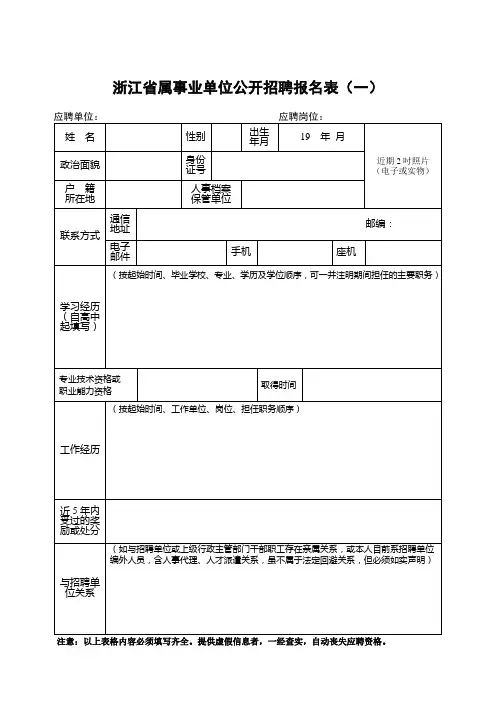 浙江省属事业单位公开招聘报名表(一)