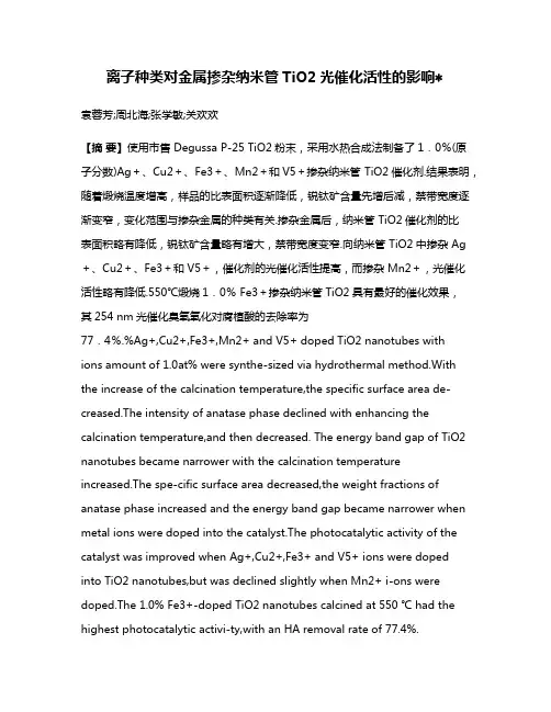 离子种类对金属掺杂纳米管TiO2光催化活性的影响