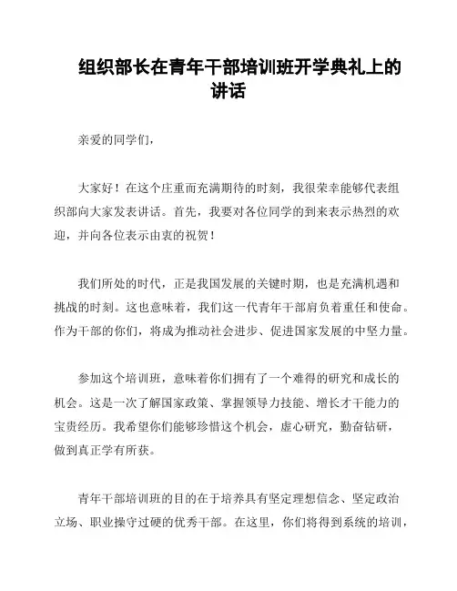 组织部长在青年干部培训班开学典礼上的讲话