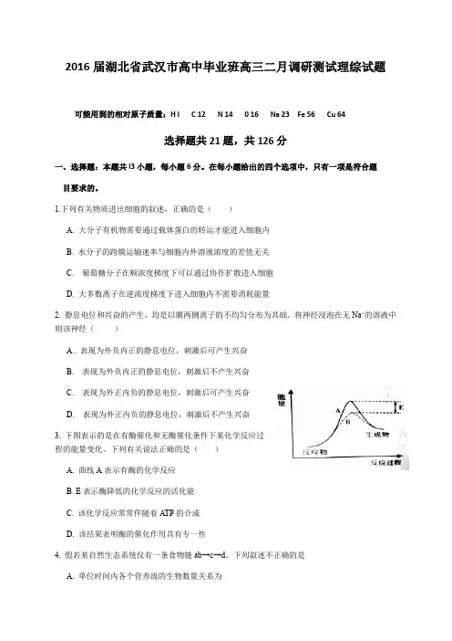 2016届湖北省武汉市高中毕业班高三二月调研测试理综试题