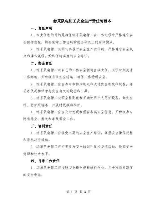 综采队电钳工安全生产责任制范本