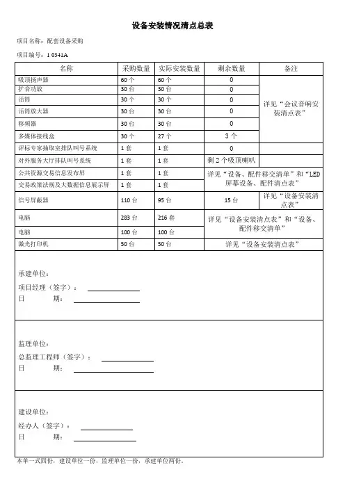 设备安装情况清点总表
