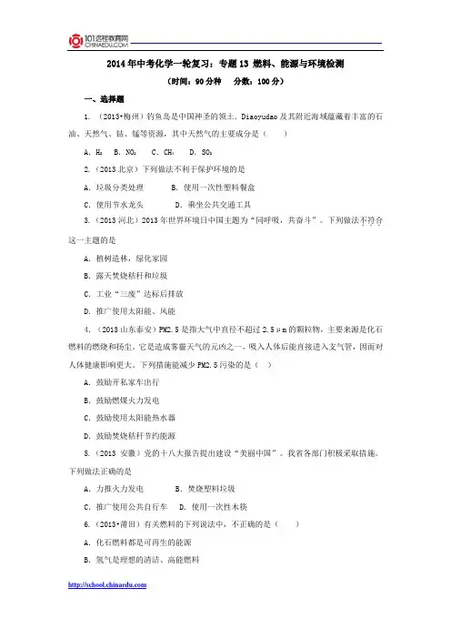 2014年中考化学一轮复习：专题13 燃料、能源与环境检测