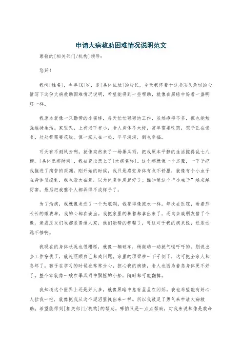 申请大病救助困难情况说明范文