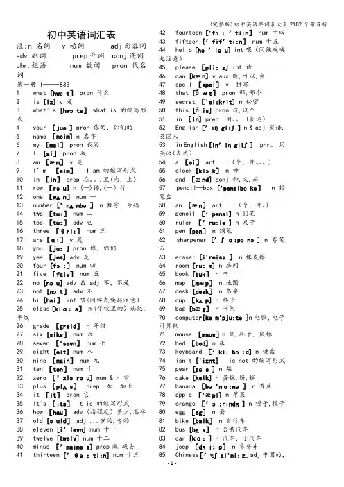 (完整版)初中英语单词表大全2182个带音标
