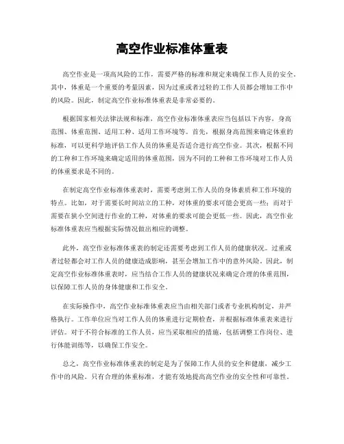 高空作业标准体重表