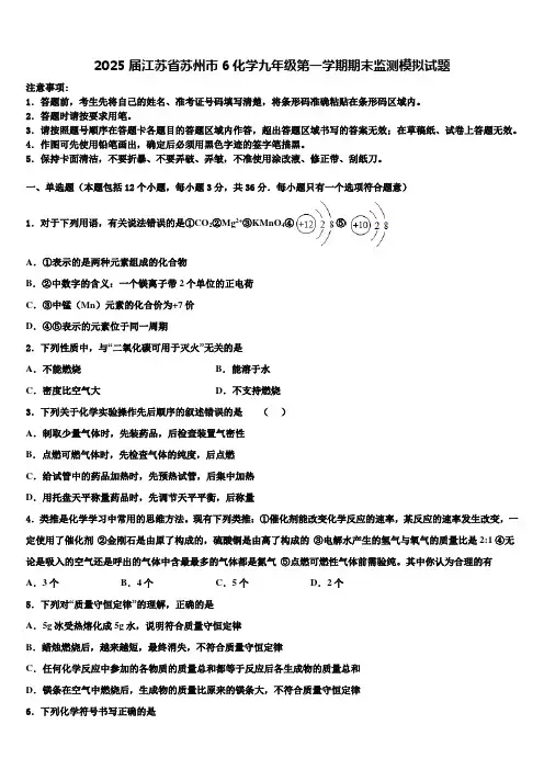 2025届江苏省苏州市6化学九年级第一学期期末监测模拟试题含解析