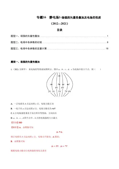 物理十年真题分类汇编(2012-2021)专题16 静电场1-场强的矢量性叠加及电场的性质(解析版)