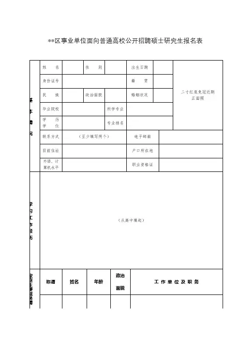 区事业单位面向普通高校公开招聘硕士研究生报名表【模板】
