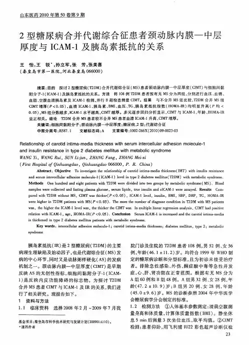 2型糖尿病合并代谢综合征患者颈动脉内膜——中层厚度与ICAM-1及胰岛素抵抗的关系