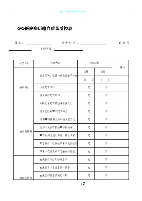XX医院病历输血质量质控表