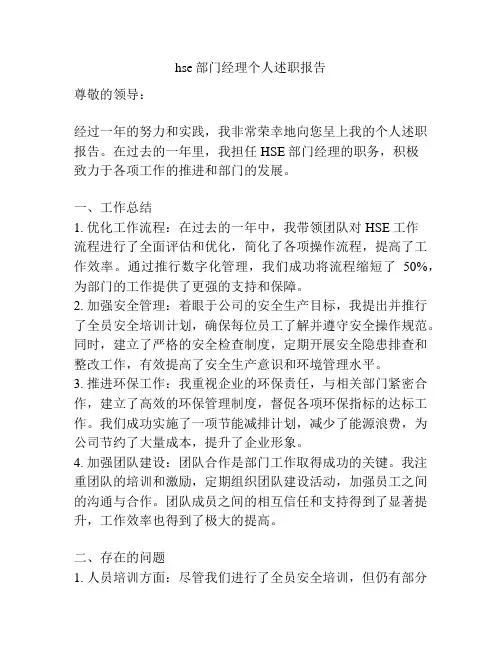hse部门经理个人述职报告