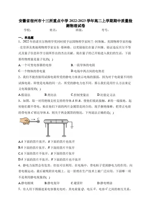 安徽省宿州市十三所重点中学2022-2023学年高二上学期期中质量检测物理试卷(含答案)