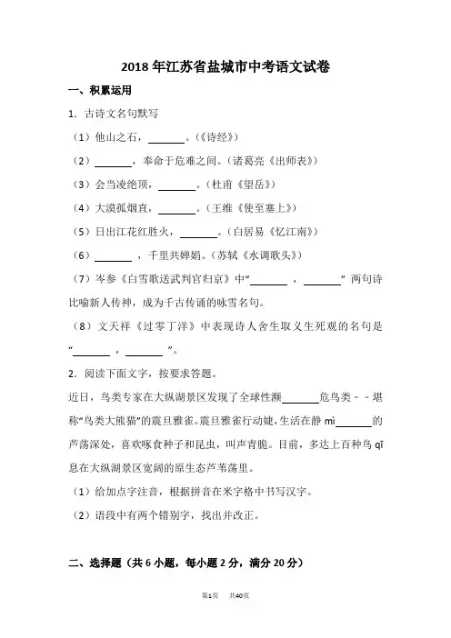 2018年江苏省盐城市中考语文试卷(解析版)