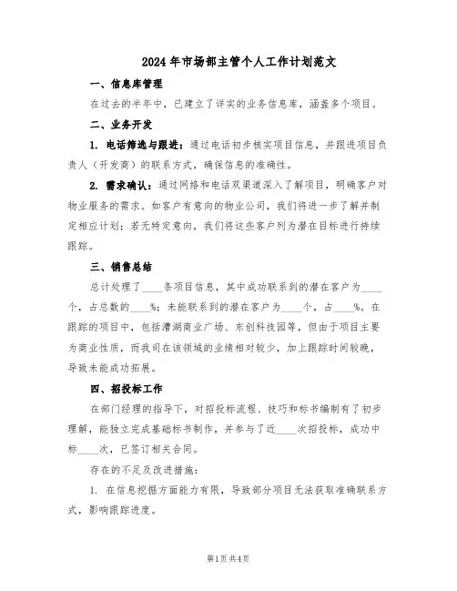 2024年市场部主管个人工作计划范文（二篇）