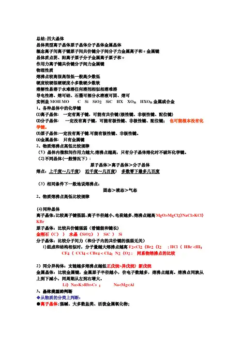高中化学----总结：四大晶体