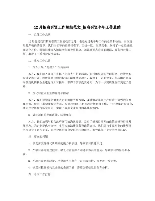 12月招商引资工作总结范文_招商引资半年工作总结
