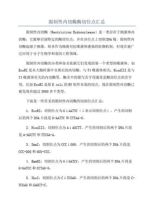 限制性内切酶酶切位点汇总