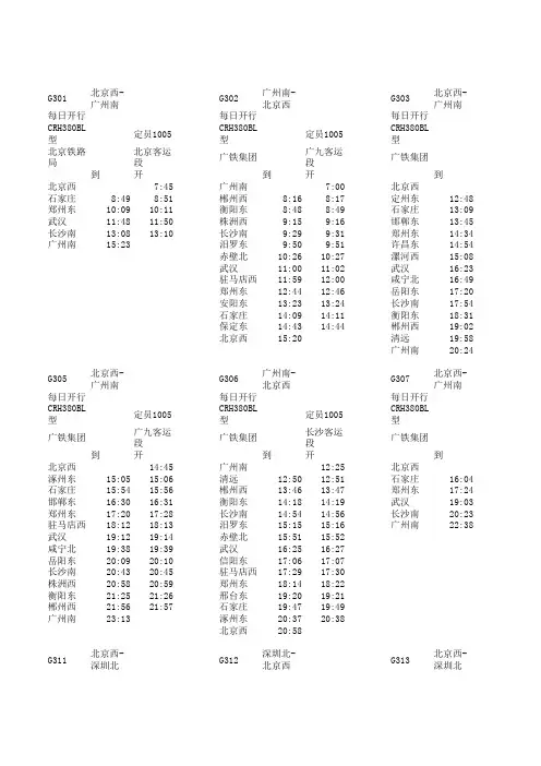 京广高铁列车时刻表