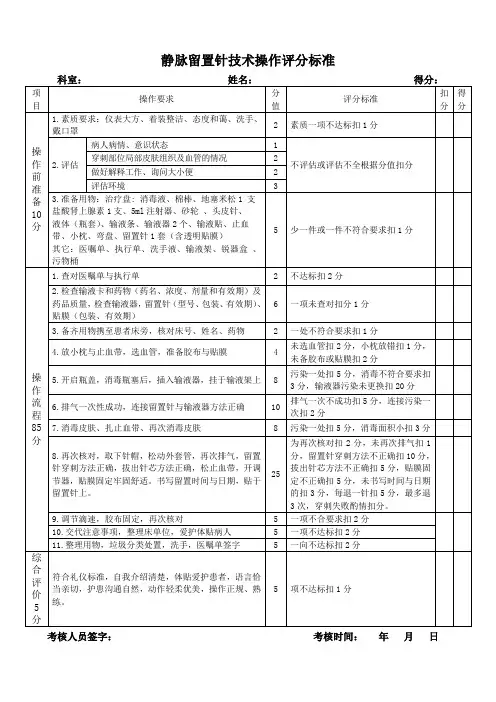 静脉留置针技术评分标准
