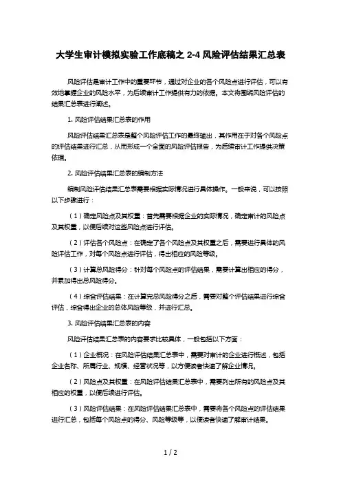 大学生审计模拟实验工作底稿之2-4风险评估结果汇总表
