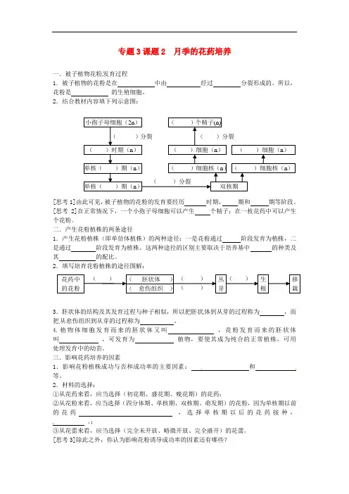 【人教版】选修1生物：3.2《月季的花药培养》 精品导学案