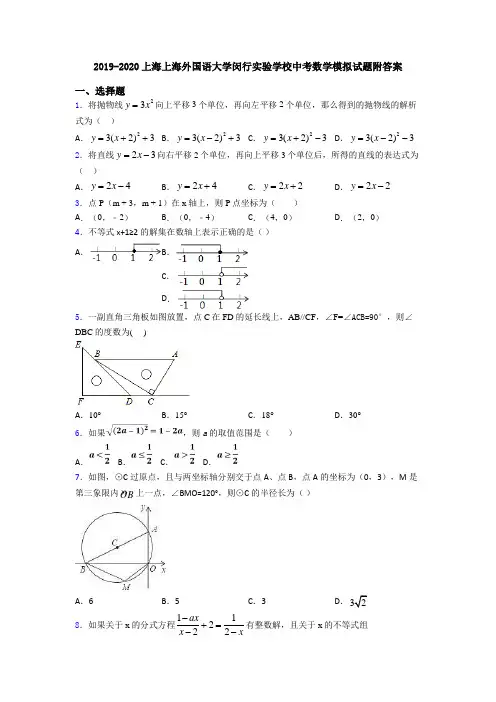 2019-2020上海上海外国语大学闵行实验学校中考数学模拟试题附答案