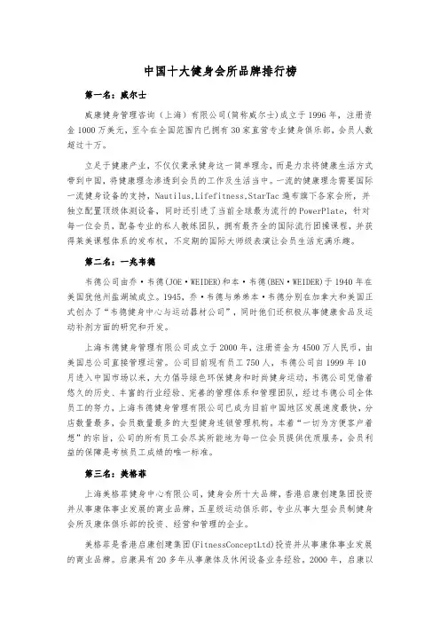 中国十大健身会所品牌排行榜