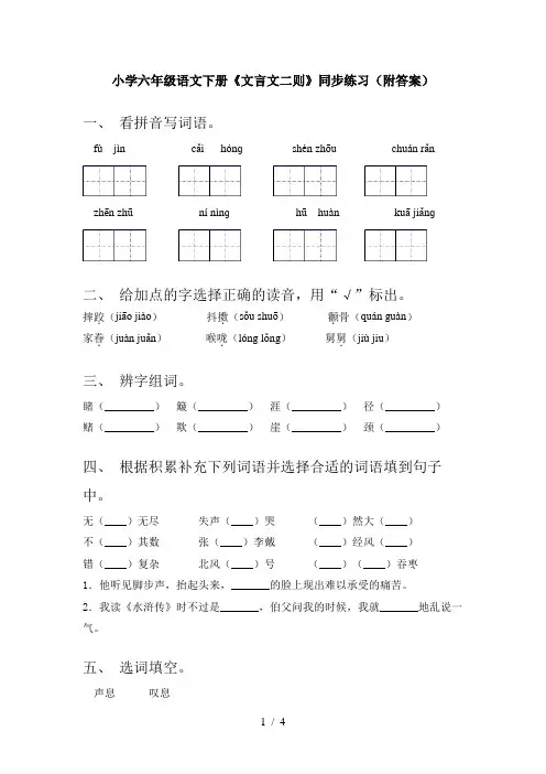 小学六年级语文下册《文言文二则》同步练习(附答案)