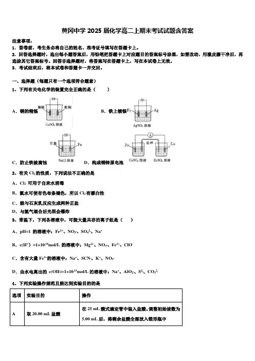 黄冈中学2025届化学高二上期末考试试题含答案