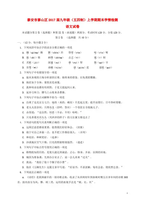 山东省泰安市泰山区九年级语文上学期期末学情检测试题(五四制)