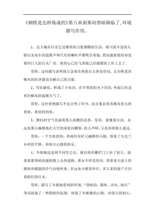 《钢铁是怎样炼成的》第八章刹那间黑暗降临了,环境描写作用。