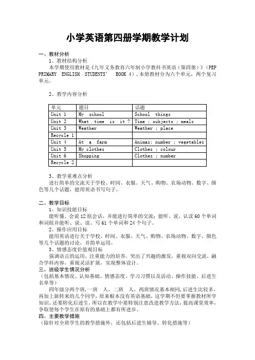 新人教版PEP小学四年级下册英语全册教案(全册,51页)