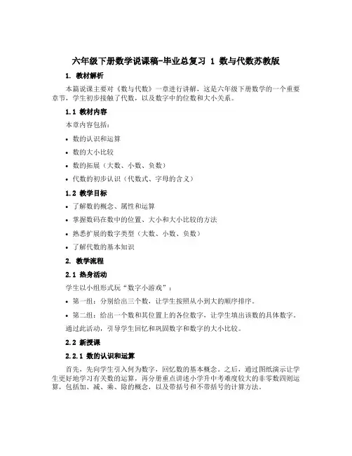 六年级下册数学说课稿-毕业总复习 1 数与代数苏教版