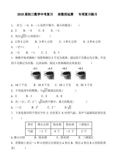 2018届初三数学中考复习 实数的运算  专项复习练习 含答案