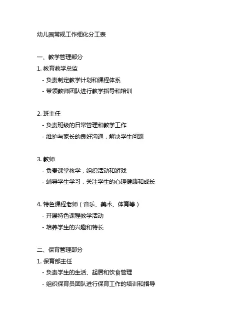 幼儿园常规工作细化分工表 幼儿园管理与运营