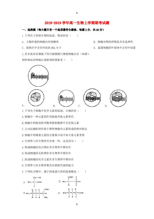 2018-2019学年高一生物上学期期考试题