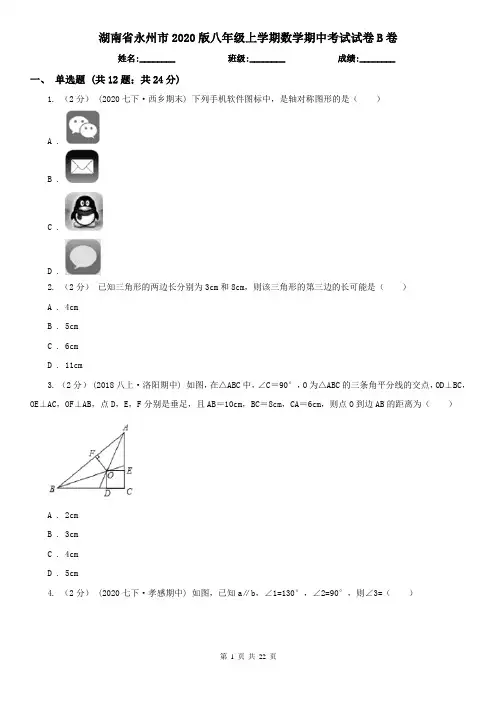 湖南省永州市2020版八年级上学期数学期中考试试卷B卷