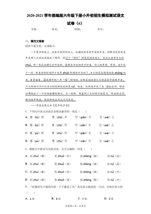 2020-2021学年部编版六年级下册小升初招生模拟测试语文试卷(6)