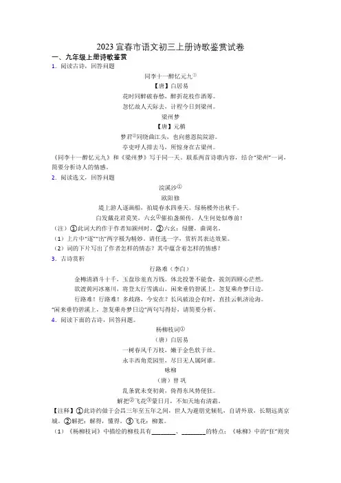 2023宜春市语文初三上册诗歌鉴赏试卷