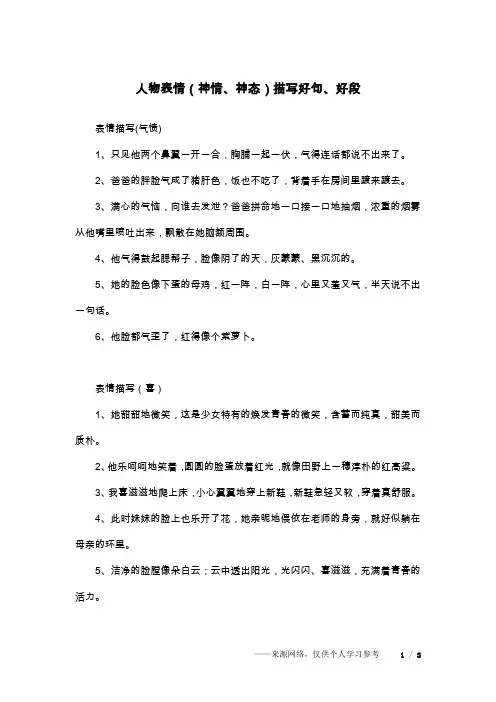 人物表情(神情、神态)描写好句、好段