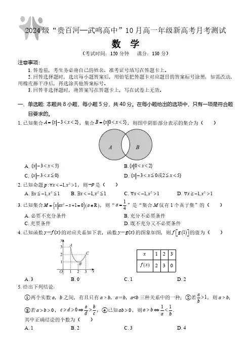 广西壮族自治区贵百河武鸣高中2024-2025学年高一上学期10月月考试题 数学(含解析)