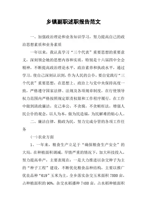 乡镇副职述职报告范文