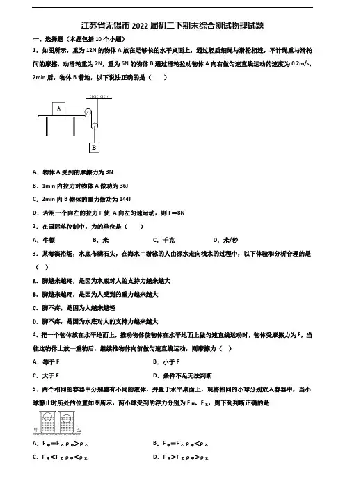江苏省无锡市2022届初二下期末综合测试物理试题含解析
