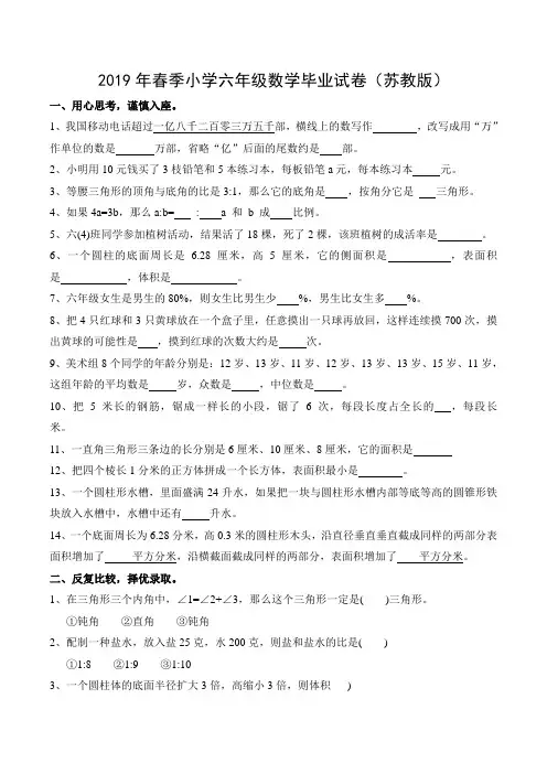 2019年小学六年级小升初数学毕业模拟试卷附参考答案