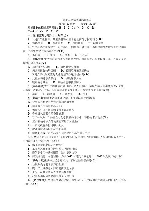 第十二单元 化学与生活 2022-2023学年人教版化学九年级下册检测题