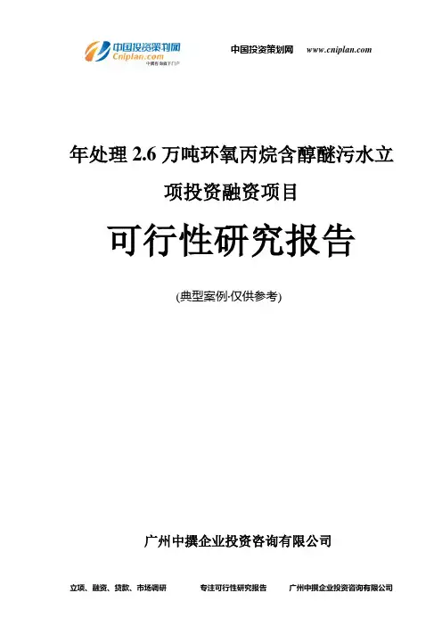 年处理2.6万吨环氧丙烷含醇醚污水融资投资立项项目可行性研究报告(非常详细)