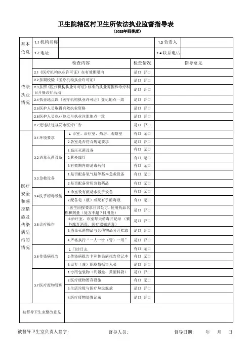 卫生院辖区村卫生所依法执业监督指导表