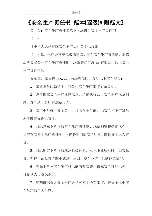 《安全生产责任书 范本(逐级)5则范文》
