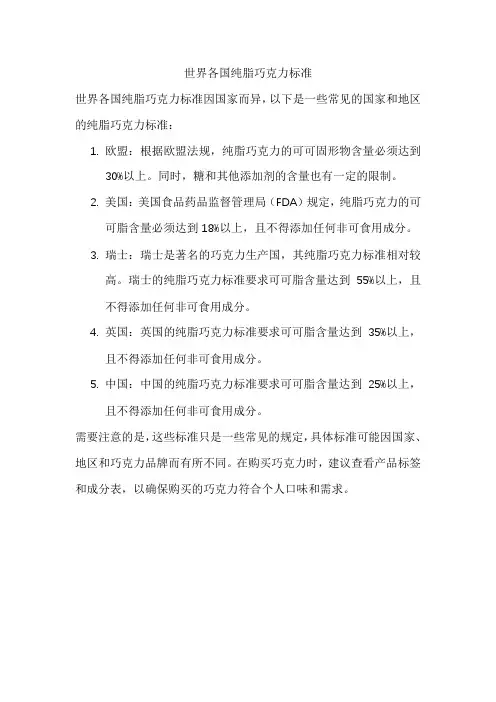 世界各国纯脂巧克力标准
